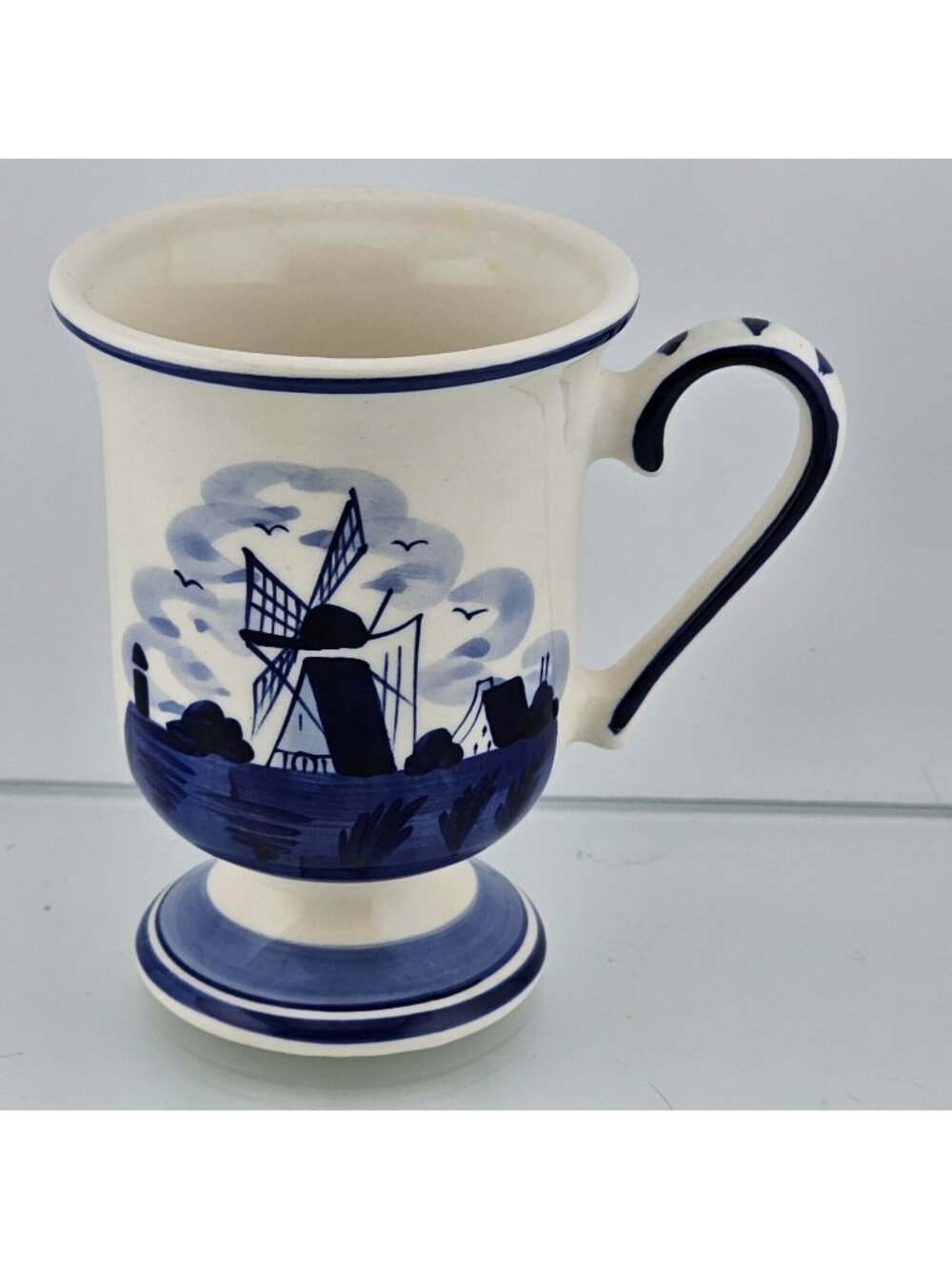 Delft Blue Pottery Mug Handpainted Windmill DAIC Holland Pedestal handle cup
